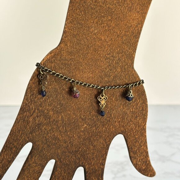 Brass Chain Ankle Bracelet With Red & Blue Glass Dangles Adjustable 7-9 Inches - Picture 7 of 7